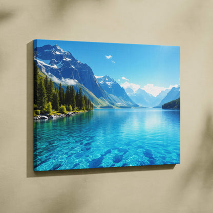Visionary Collection sapphire blue alpine lake canvas print with peaks and turquoise water