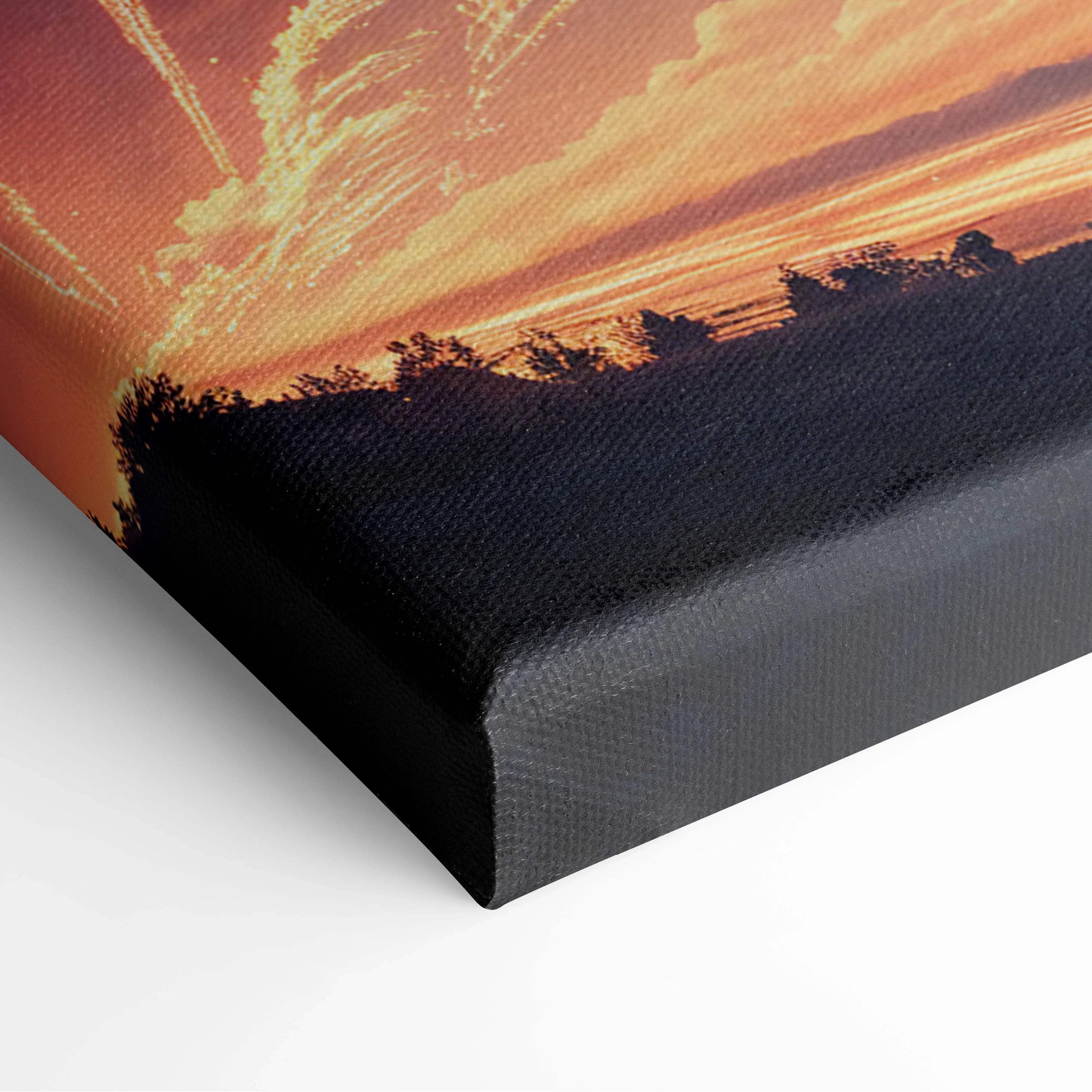 Vibrant sunset with orange clouds over silhouetted trees on Visionary Celestial Fireworks canvas