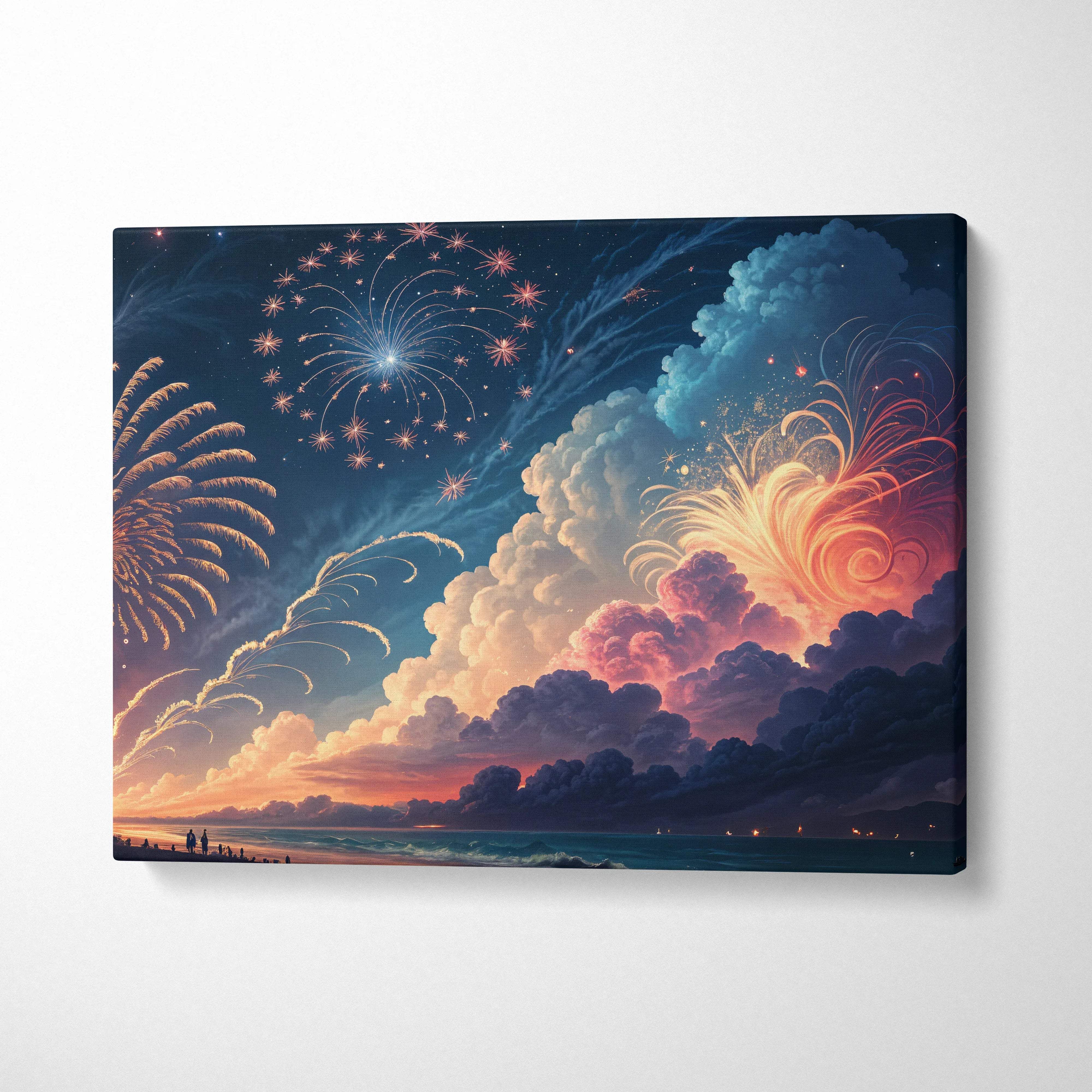Visionary celestial fireworks over moonlit sea canvas art