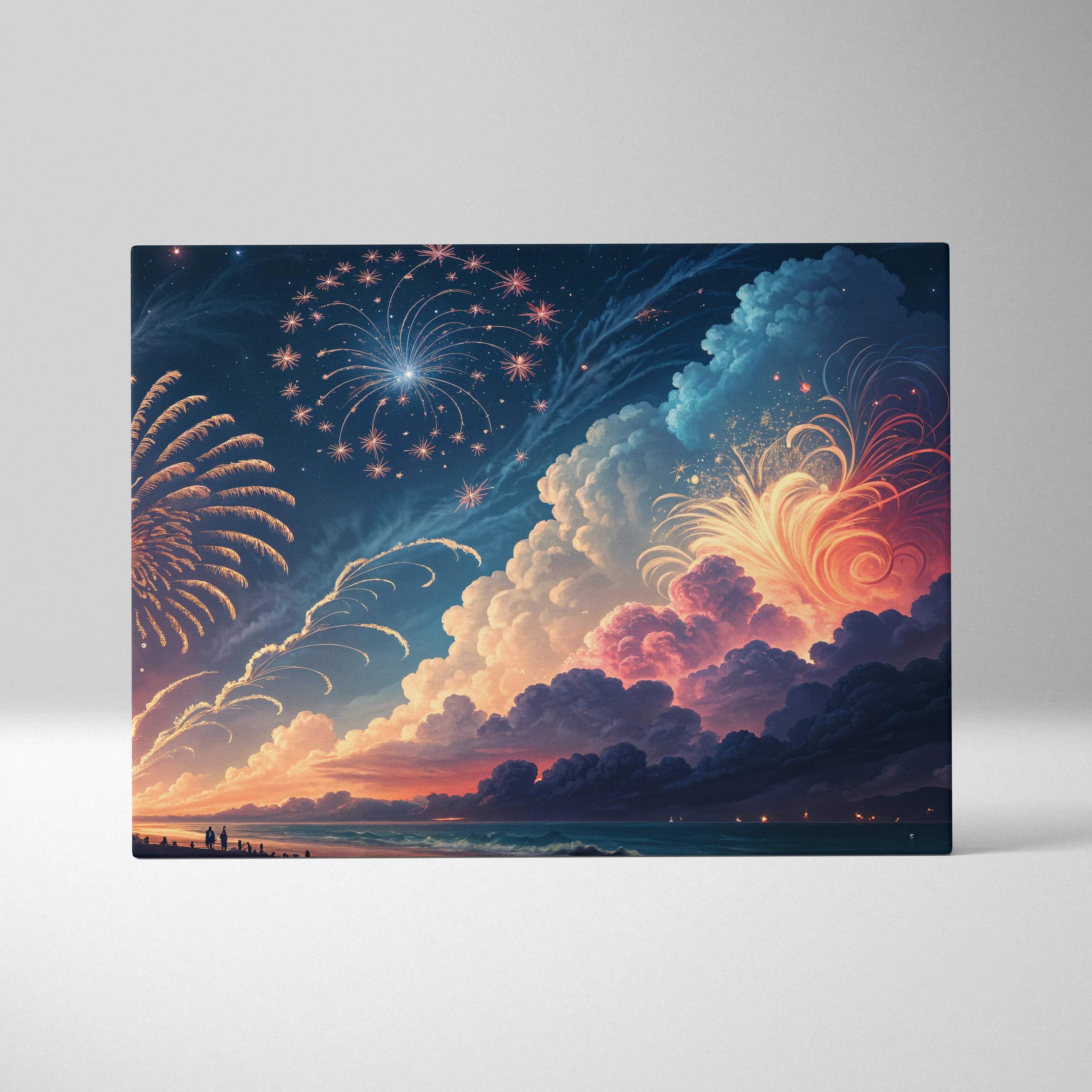 Visionary celestial fireworks over moonlit sea canvas art