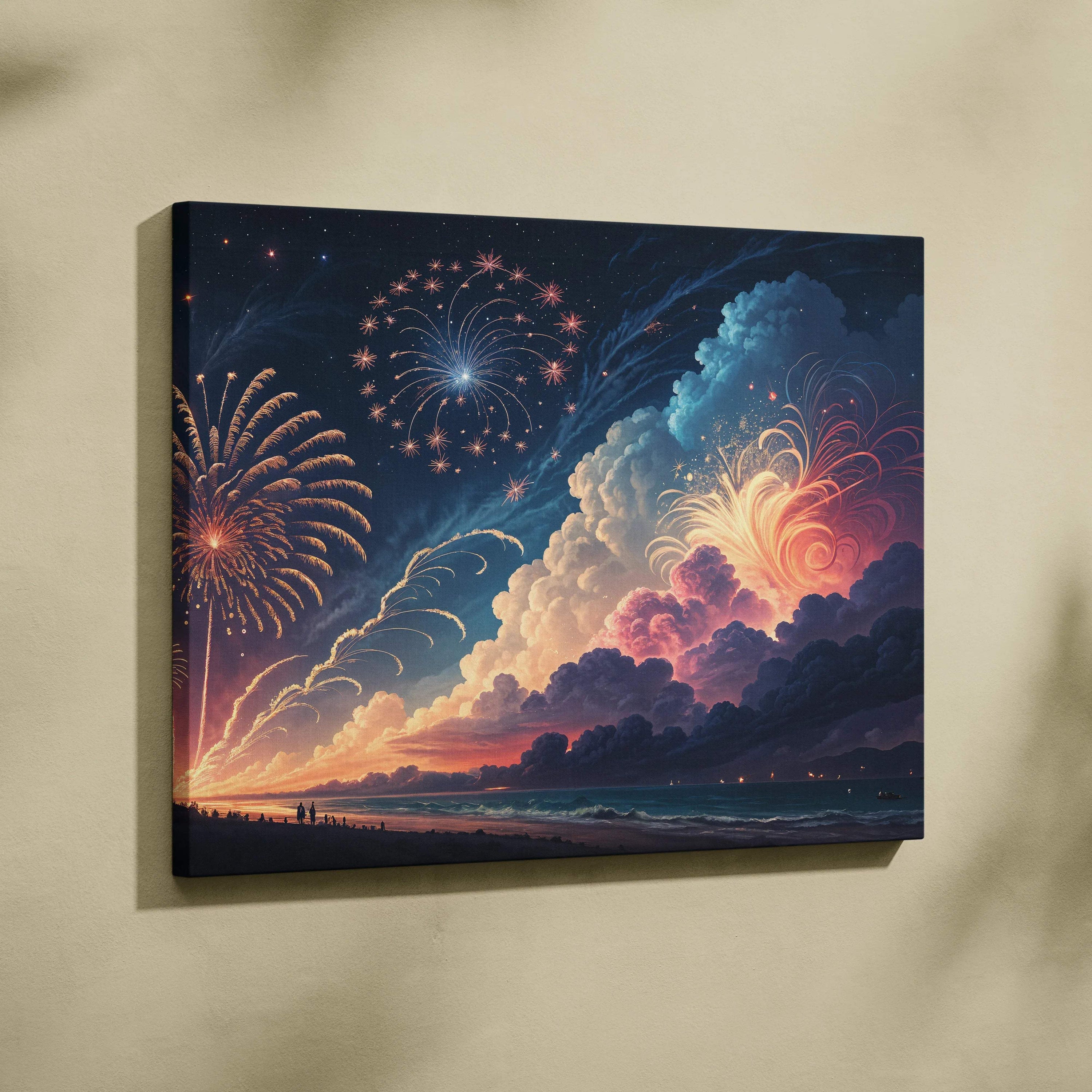 Visionary celestial fireworks over moonlit sea canvas art