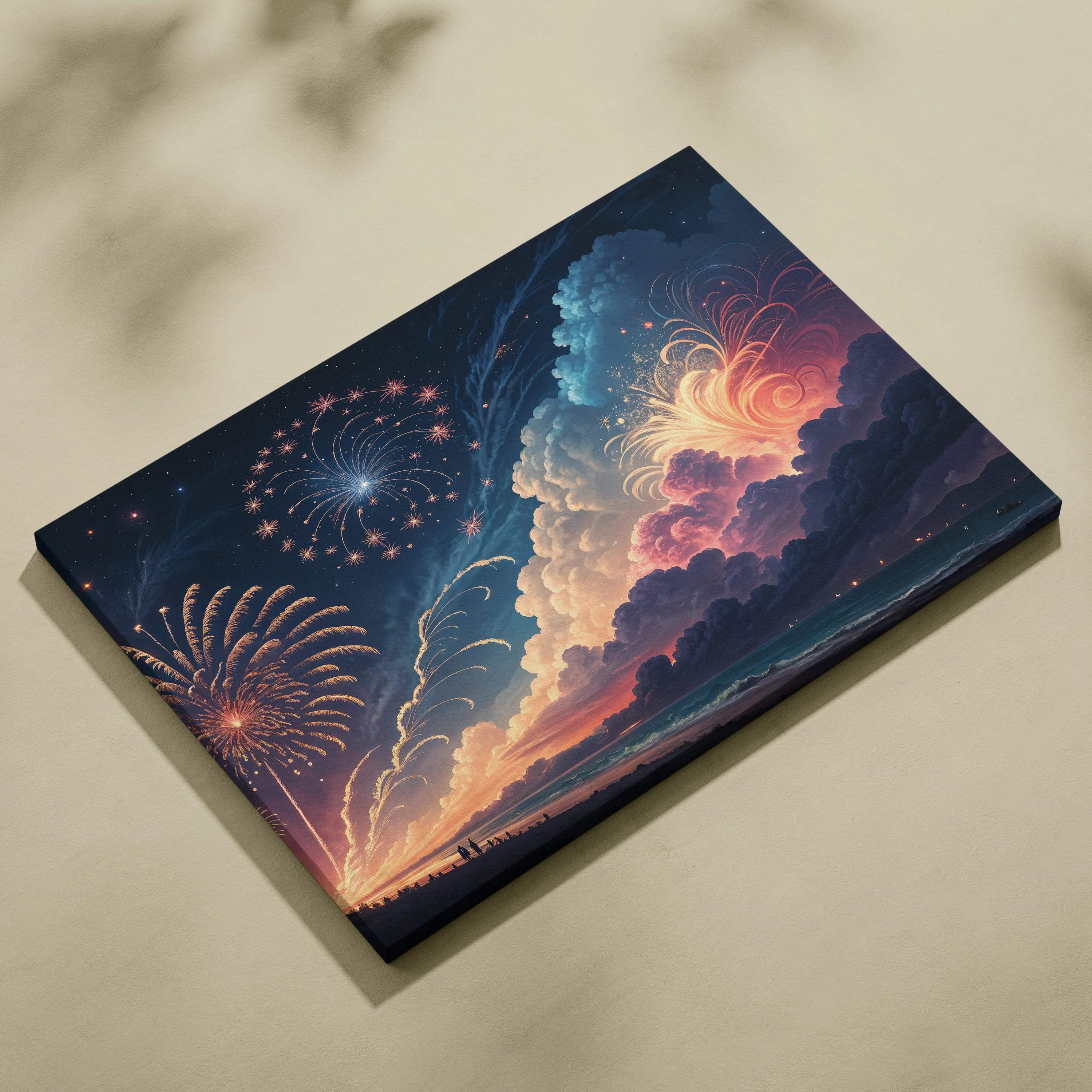 Visionary celestial fireworks over moonlit sea canvas art