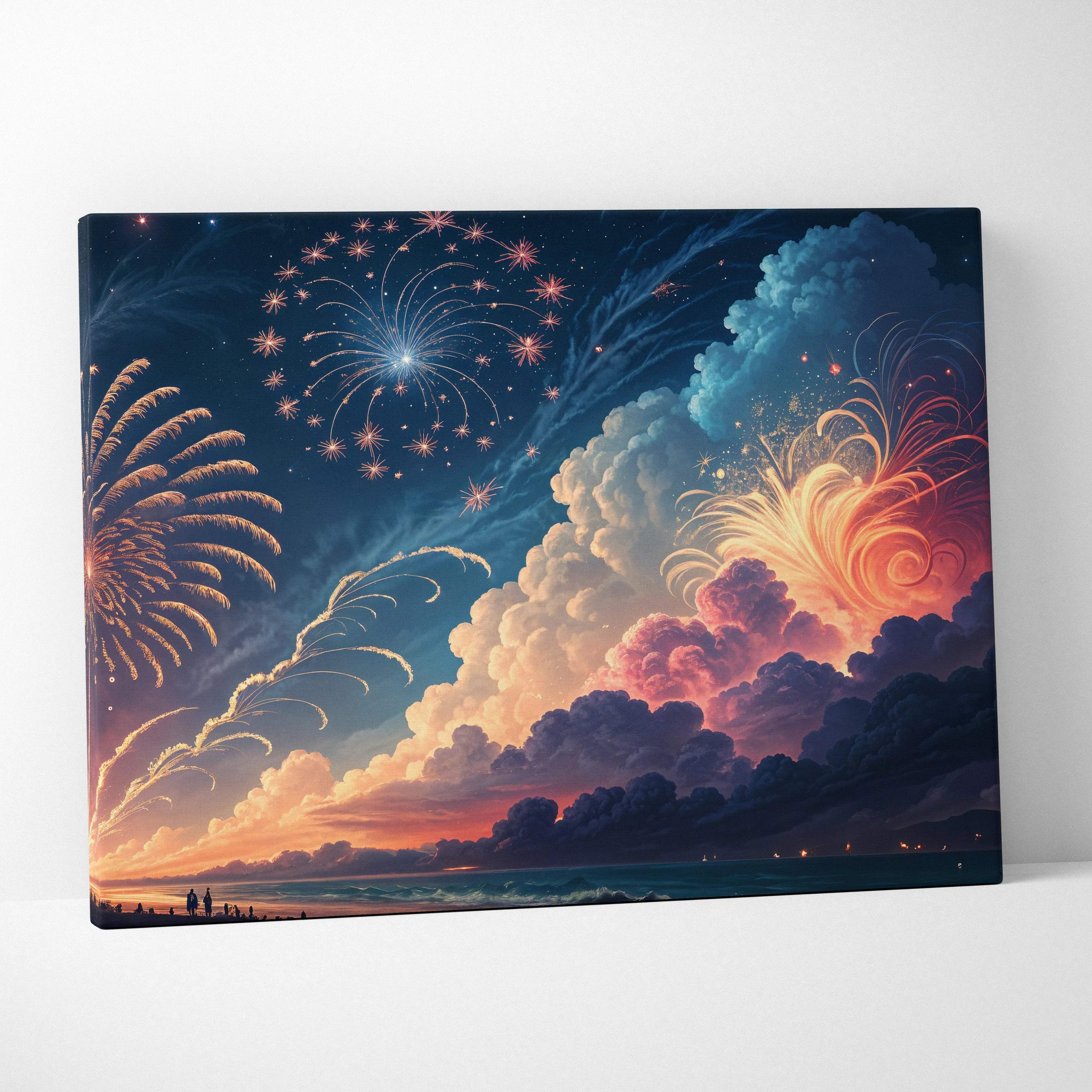 Vibrant celestial fireworks over moonlit sea canvas wall art