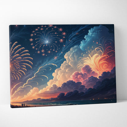 Vibrant celestial fireworks over moonlit sea canvas wall art