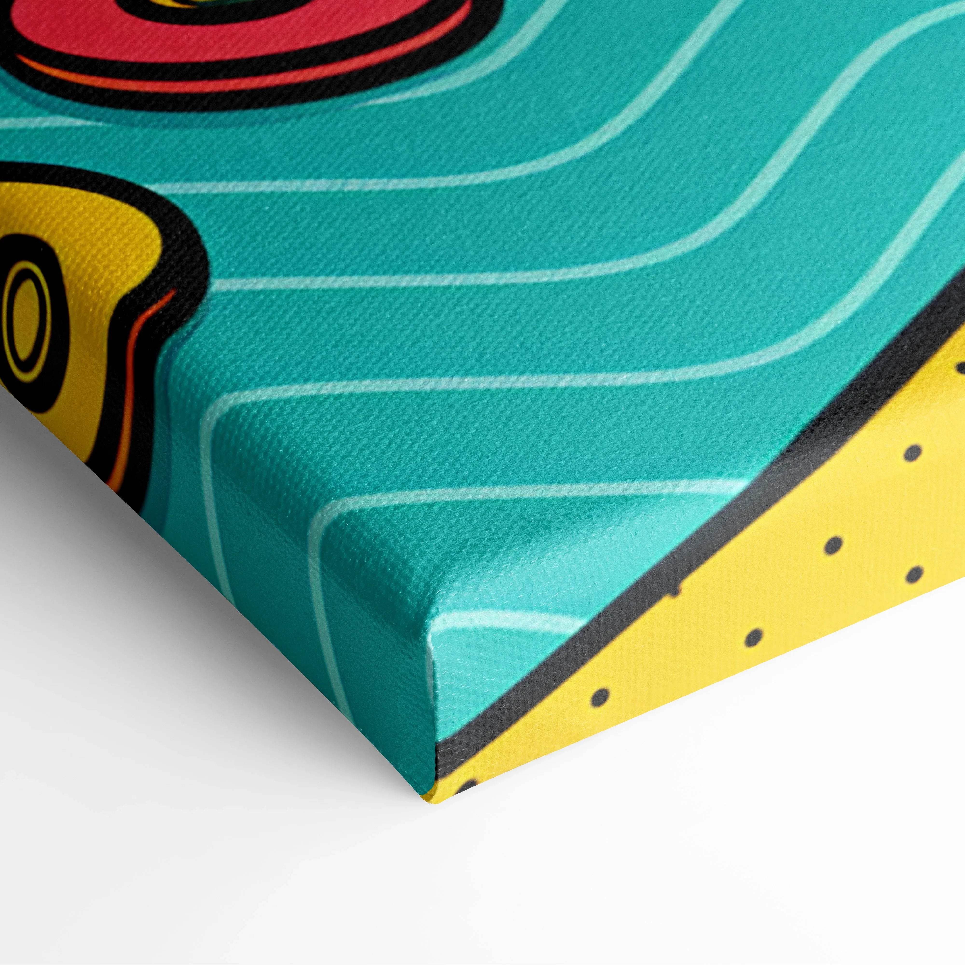Vibrant pop-art canvas with bold teal yellow red geometric mountains palms black outlines