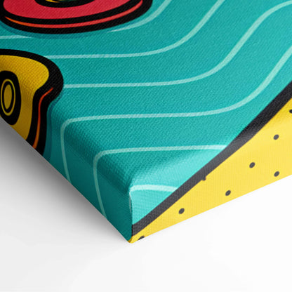 Vibrant pop-art canvas with bold teal yellow red geometric mountains palms black outlines