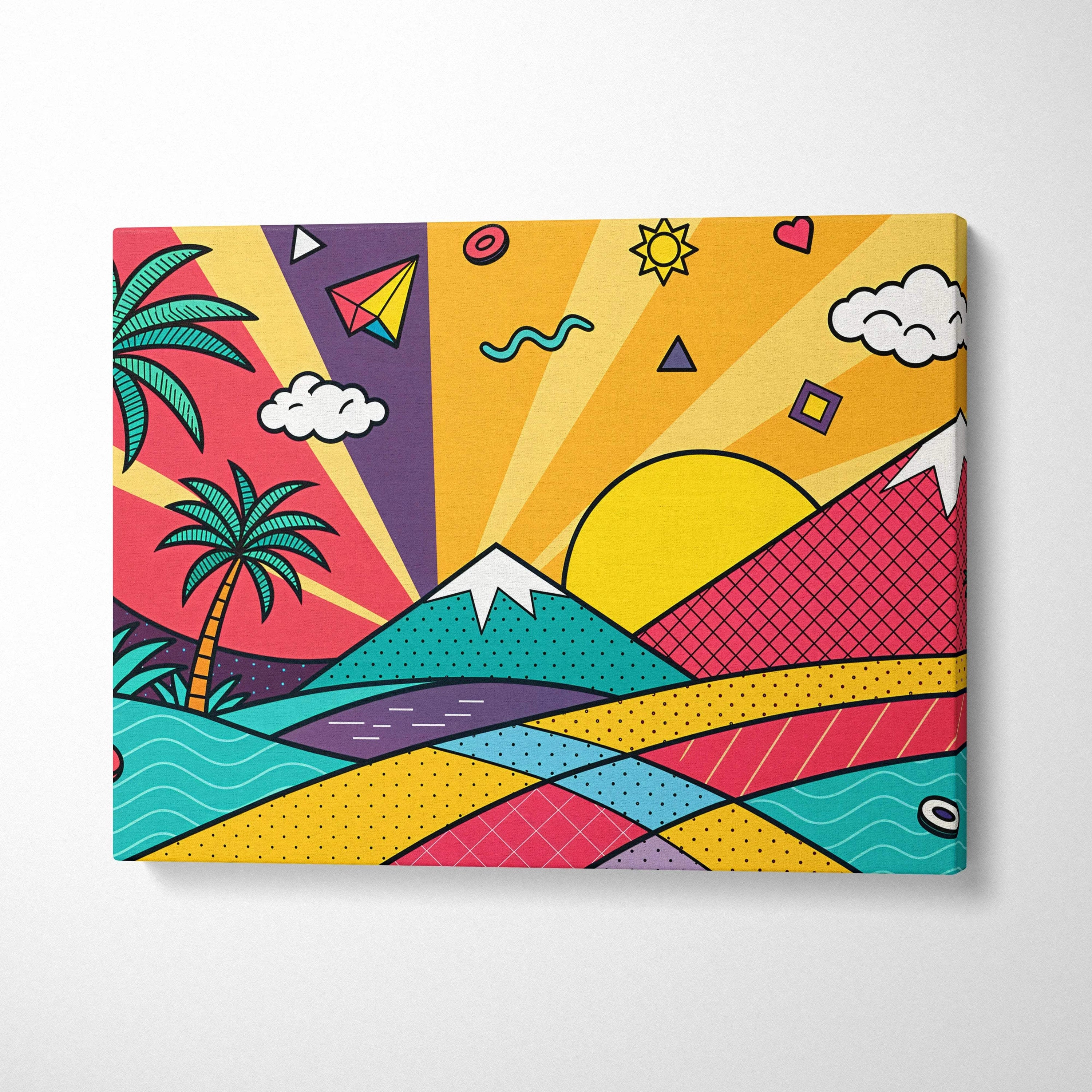 Vibrant pop-art canvas with bold geometric mountains, palm trees and sun rays