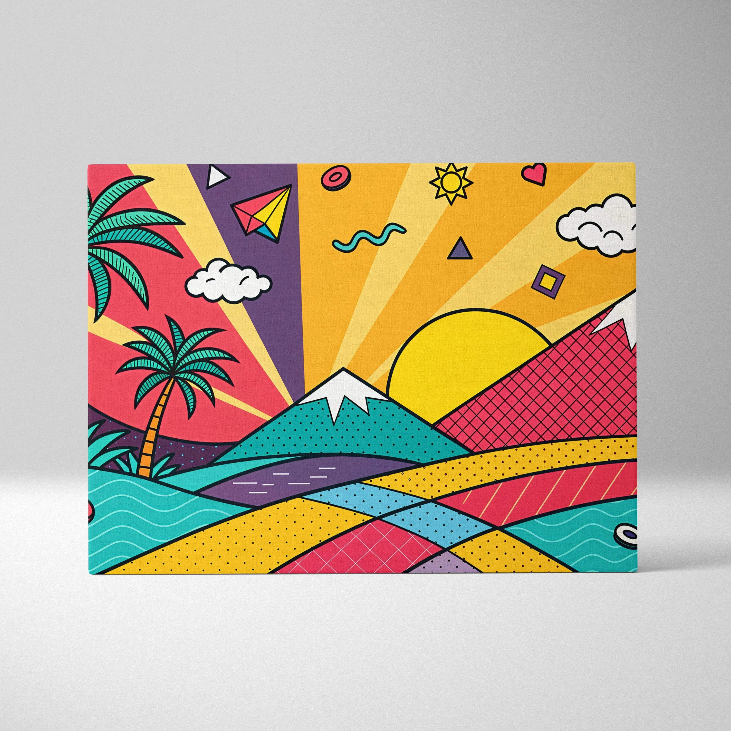 Vibrant pop-art canvas with bold geometric mountains, palm trees, sunbursts