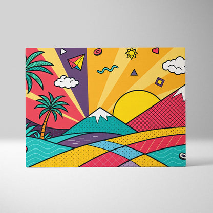 Vibrant pop-art canvas with bold geometric mountains, palm trees, sunbursts