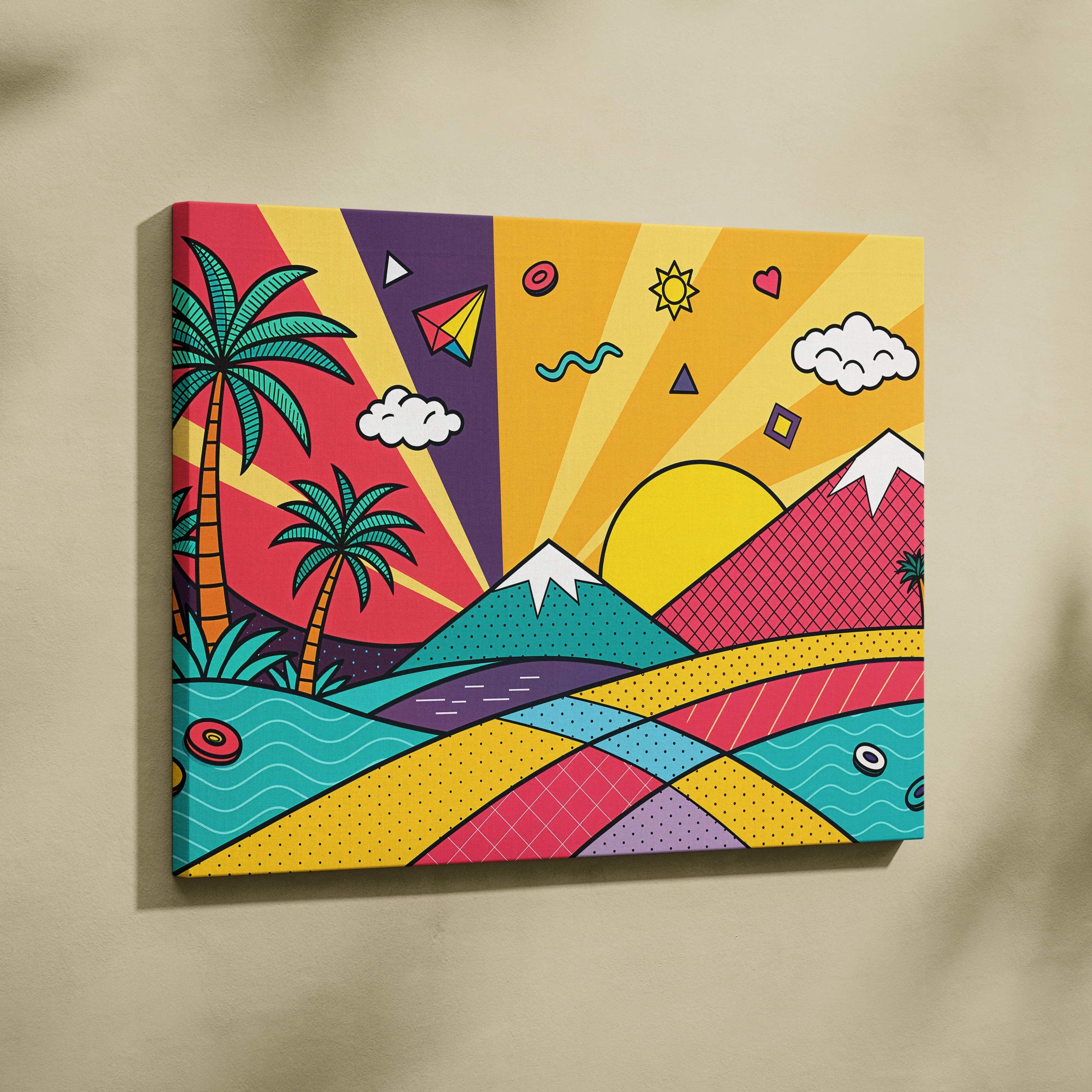 Vibrant pop-art canvas with bold geometric mountains, palm trees, sunburst