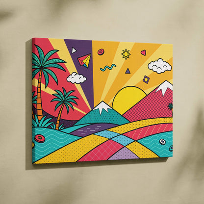 Vibrant pop-art canvas with bold geometric mountains, palm trees, sunburst