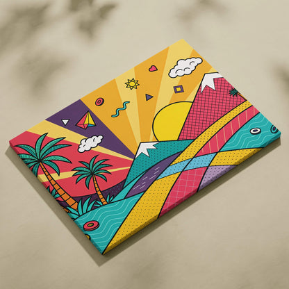 Vibrant pop-art canvas wall art with bold geometric mountains, palm trees, sunburst