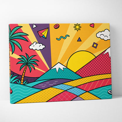 Vibrant pop-art canvas with bold geometric mountains, palm trees, and sunburst