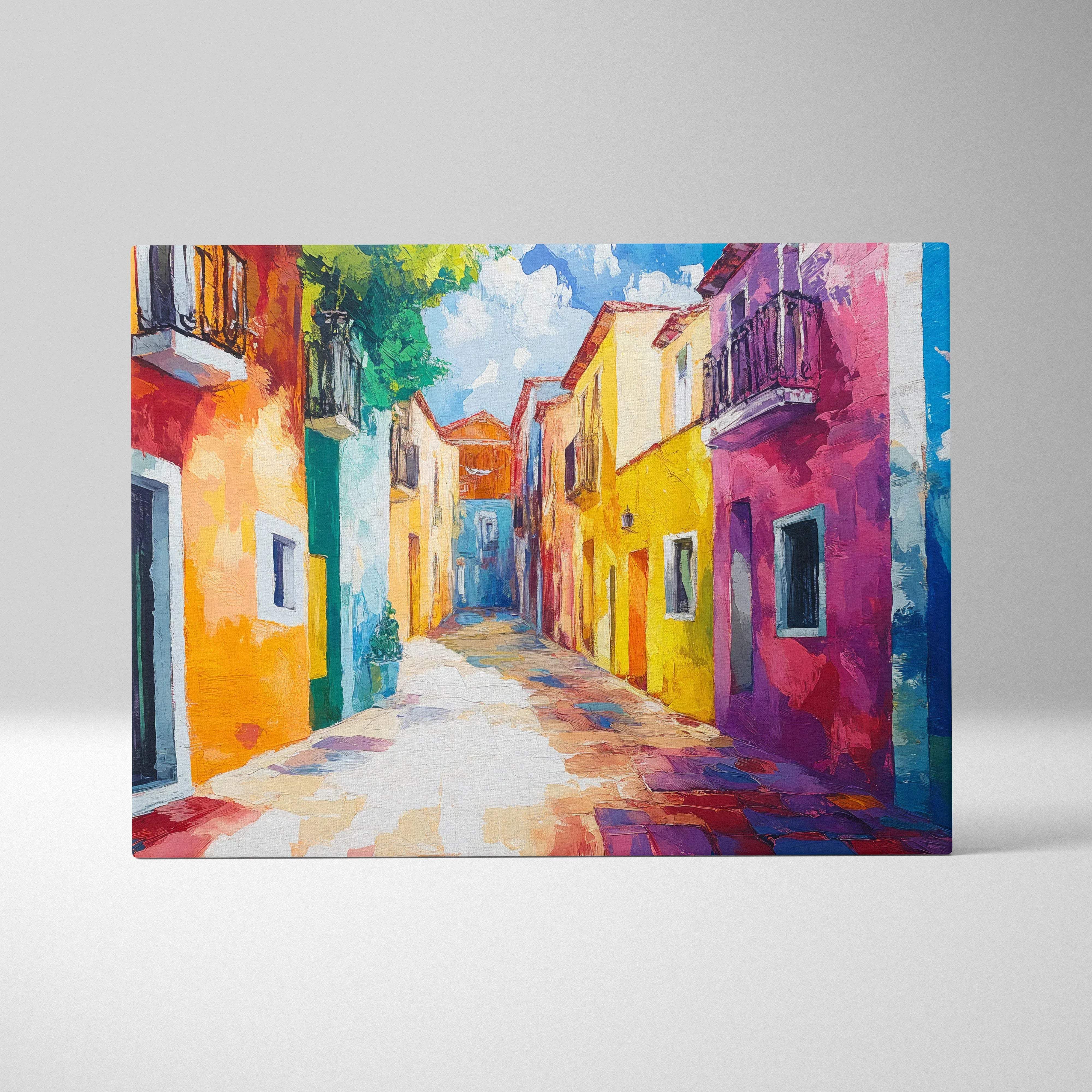 Painterly Visionary Mediterranean Street Scene sunlit canvas wall art