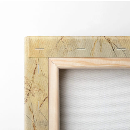 Light wood canvas frame with beige marble border for Winter Cabin Glow art