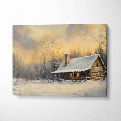 Winter cabin glow in snowy landscape with warm light canvas art