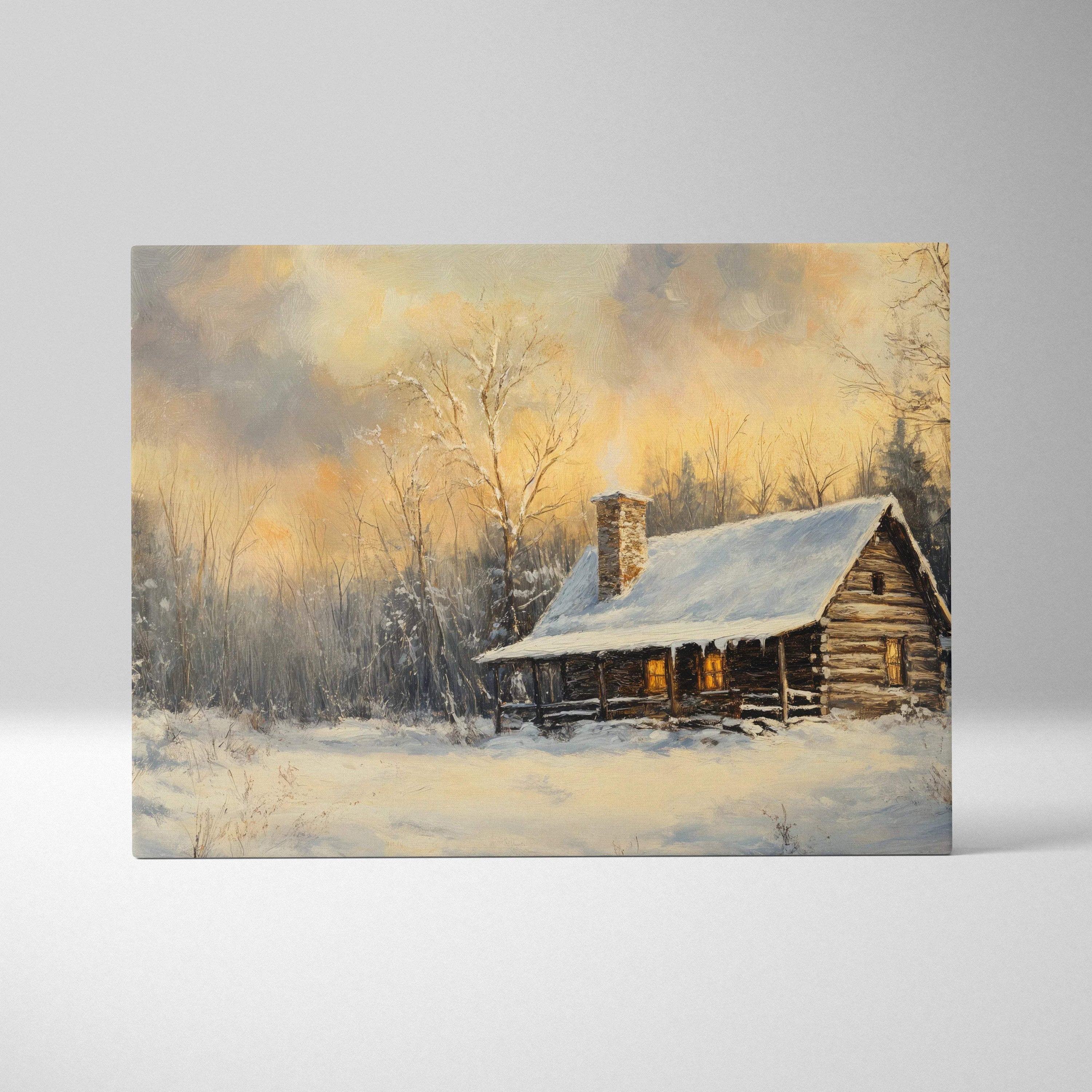 Cozy log cabin glow in snowy landscape, warm light canvas wall art