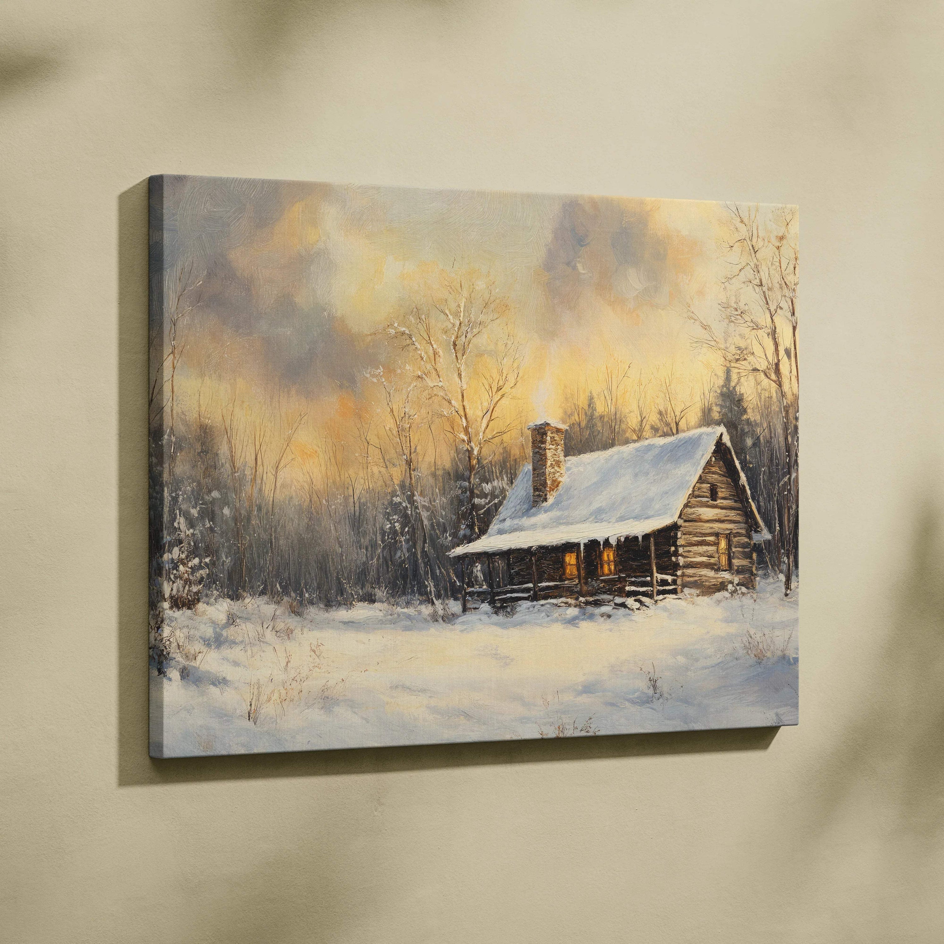 Rustic log cabin canvas wall art with snow-covered roof, glowing windows, Visionary Collection limited edition