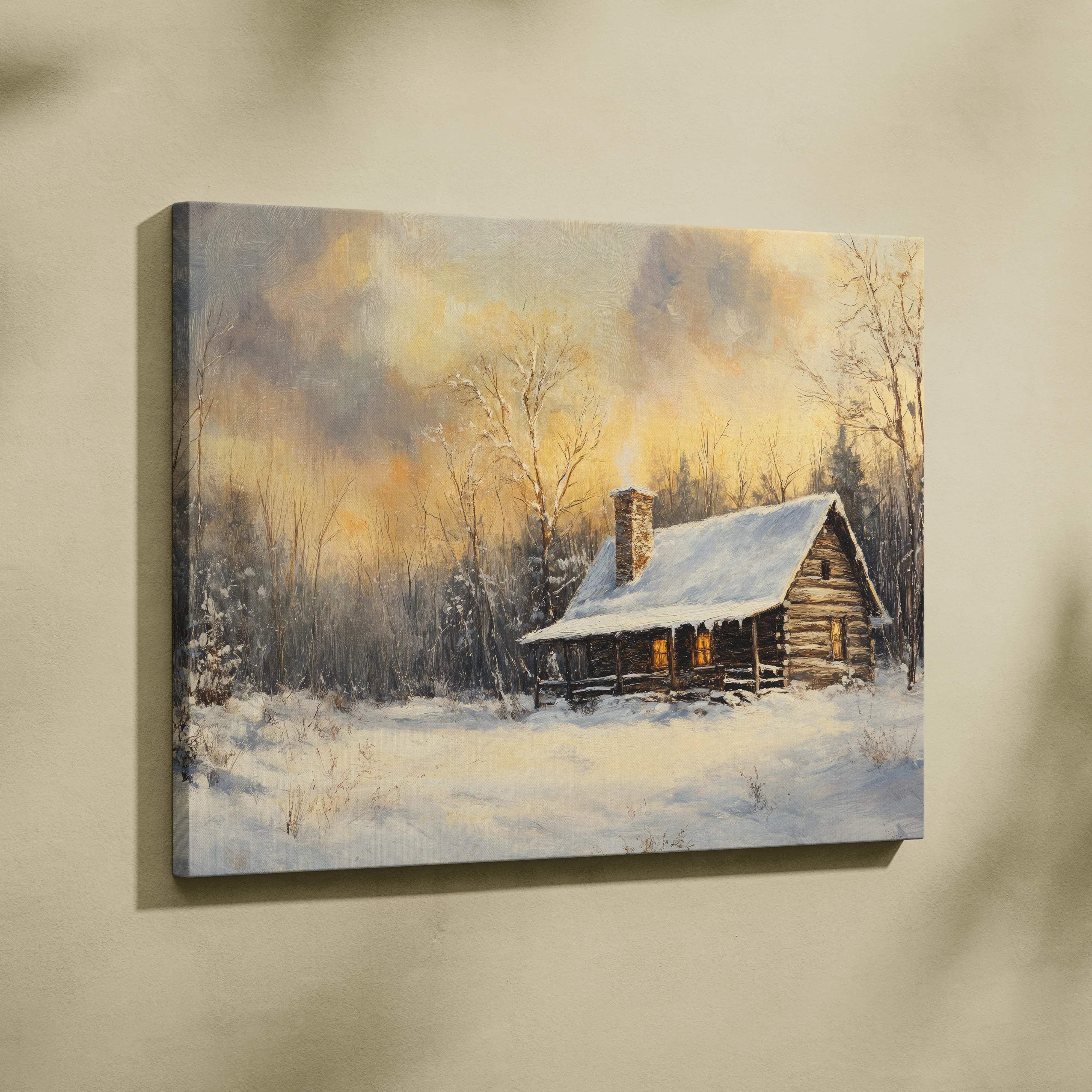 Rustic log cabin canvas wall art with snow-covered roof, glowing windows, Visionary Collection limited edition