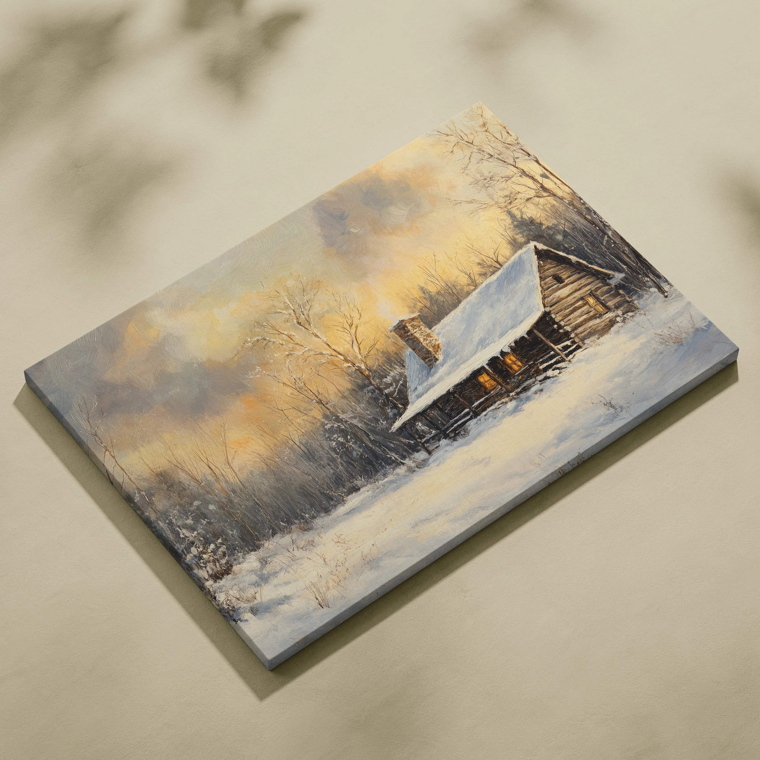 Winter cabin glow in snowy landscape warm light canvas wall art