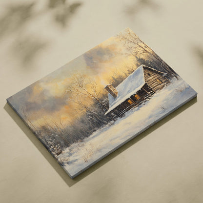 Winter cabin glow in snowy landscape warm light canvas wall art