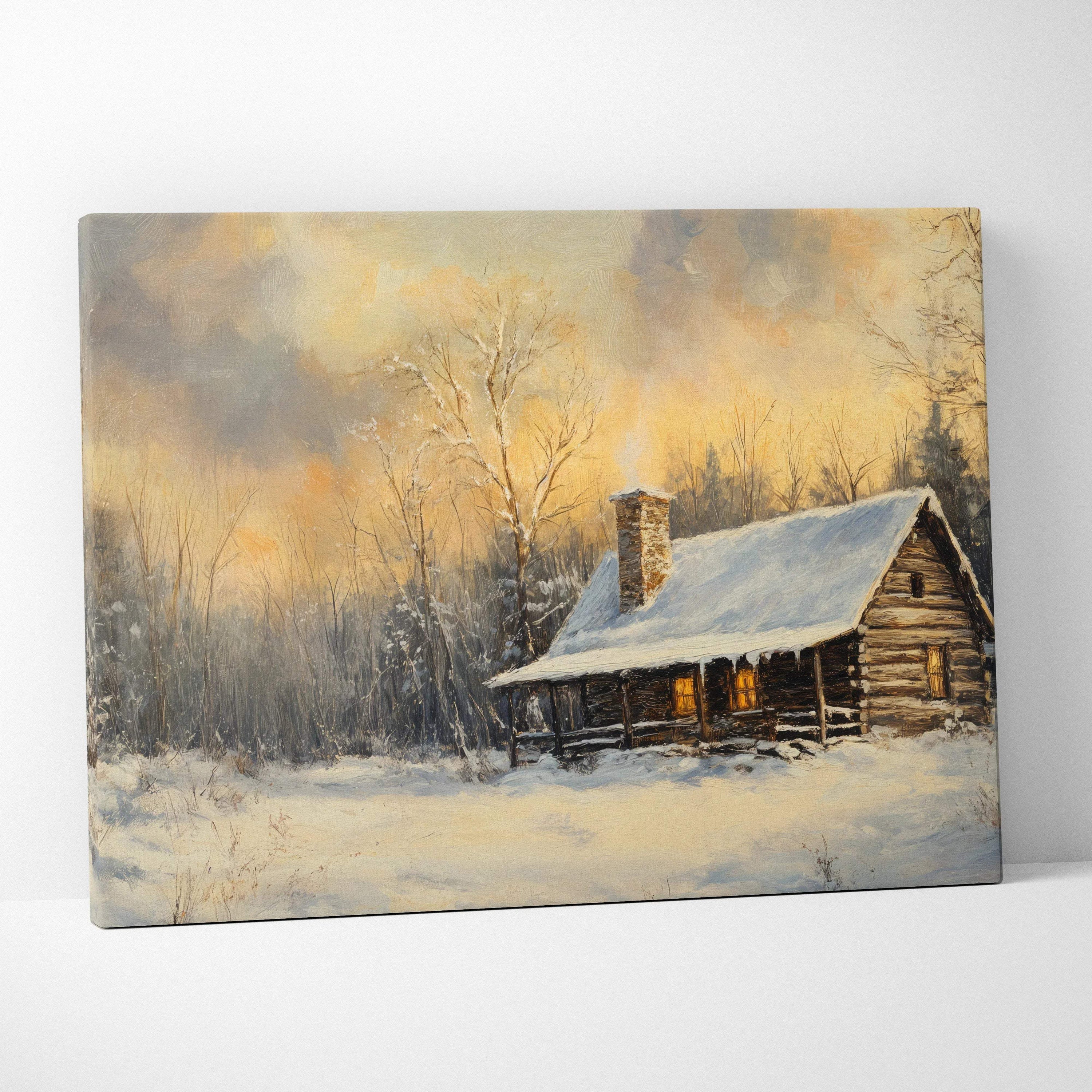 Cozy winter cabin glow in snowy landscape canvas wall art, Visionary Collection limited edition