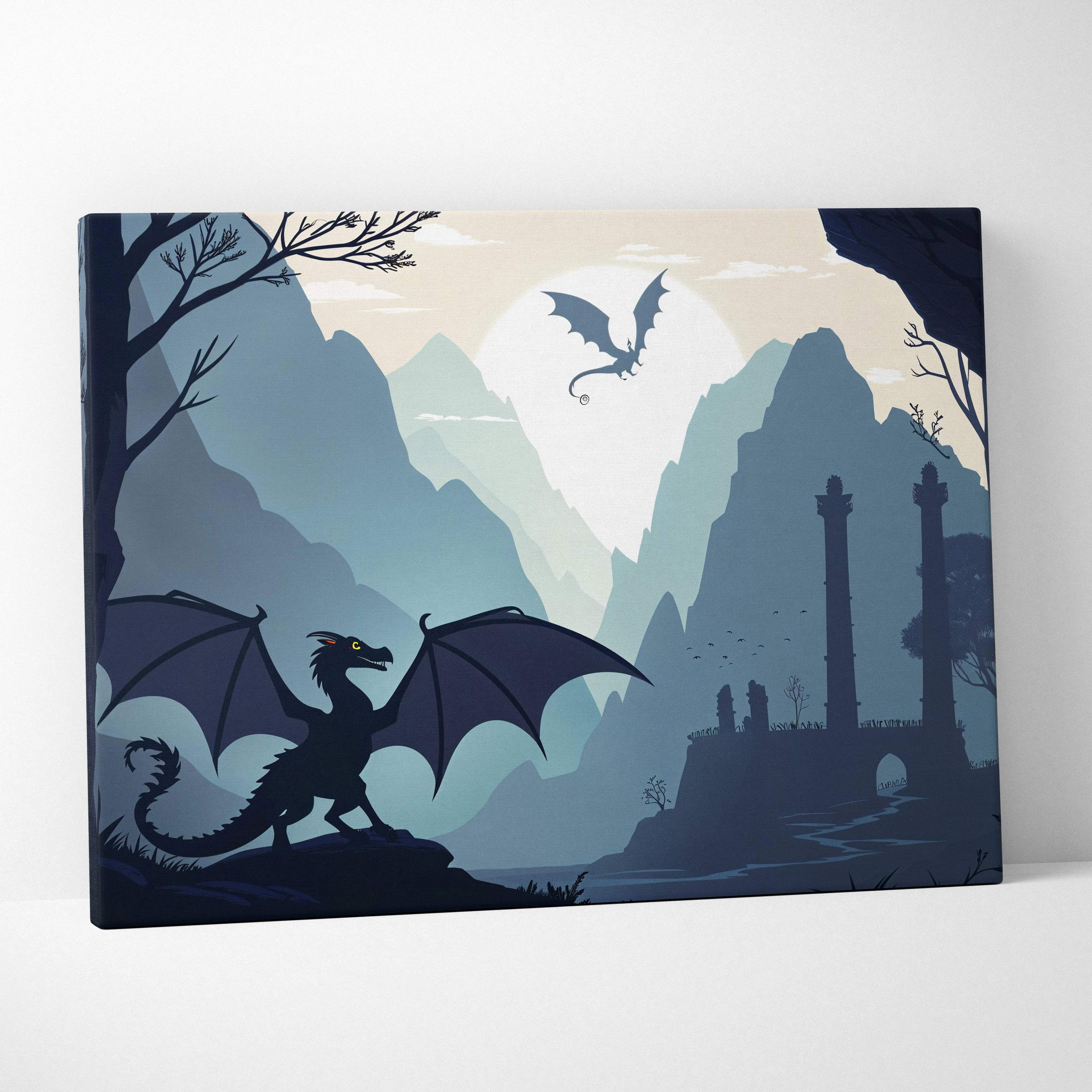 Blue-toned dragon silhouette over misty ruins canvas wall art