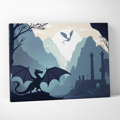 Blue-toned dragon silhouette over misty ruins canvas wall art