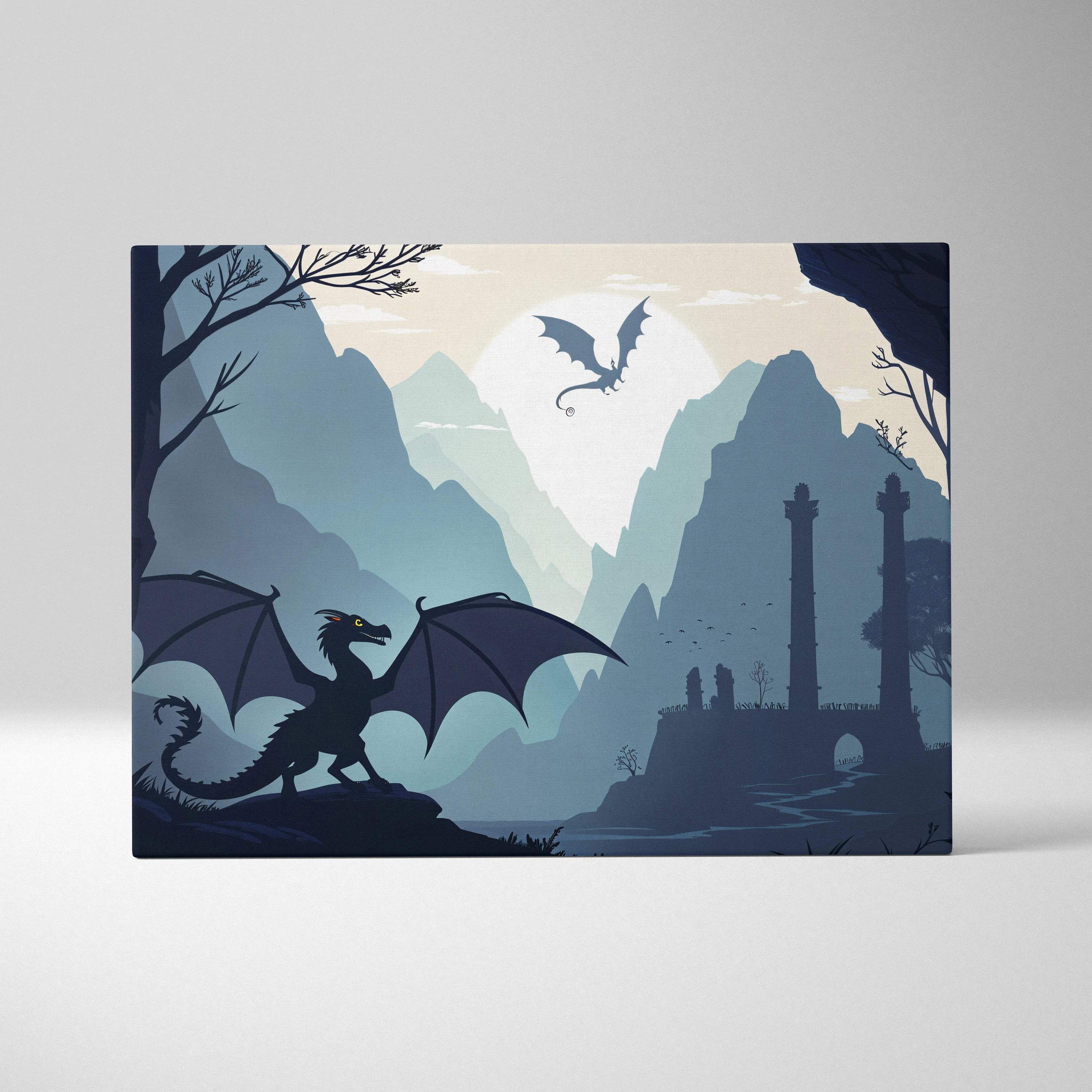 Visionary fantasy moonlit ruins with dragons canvas wall art in twilight blue tones