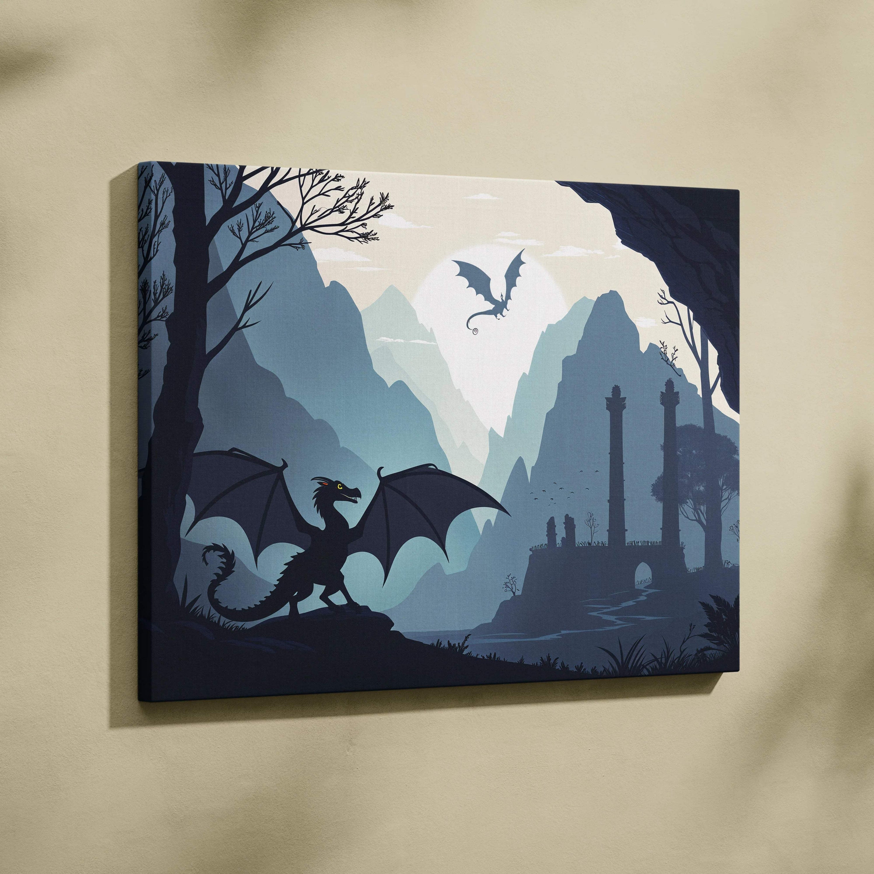 Blue-toned dragon silhouette over moonlit ruins and mountains canvas art