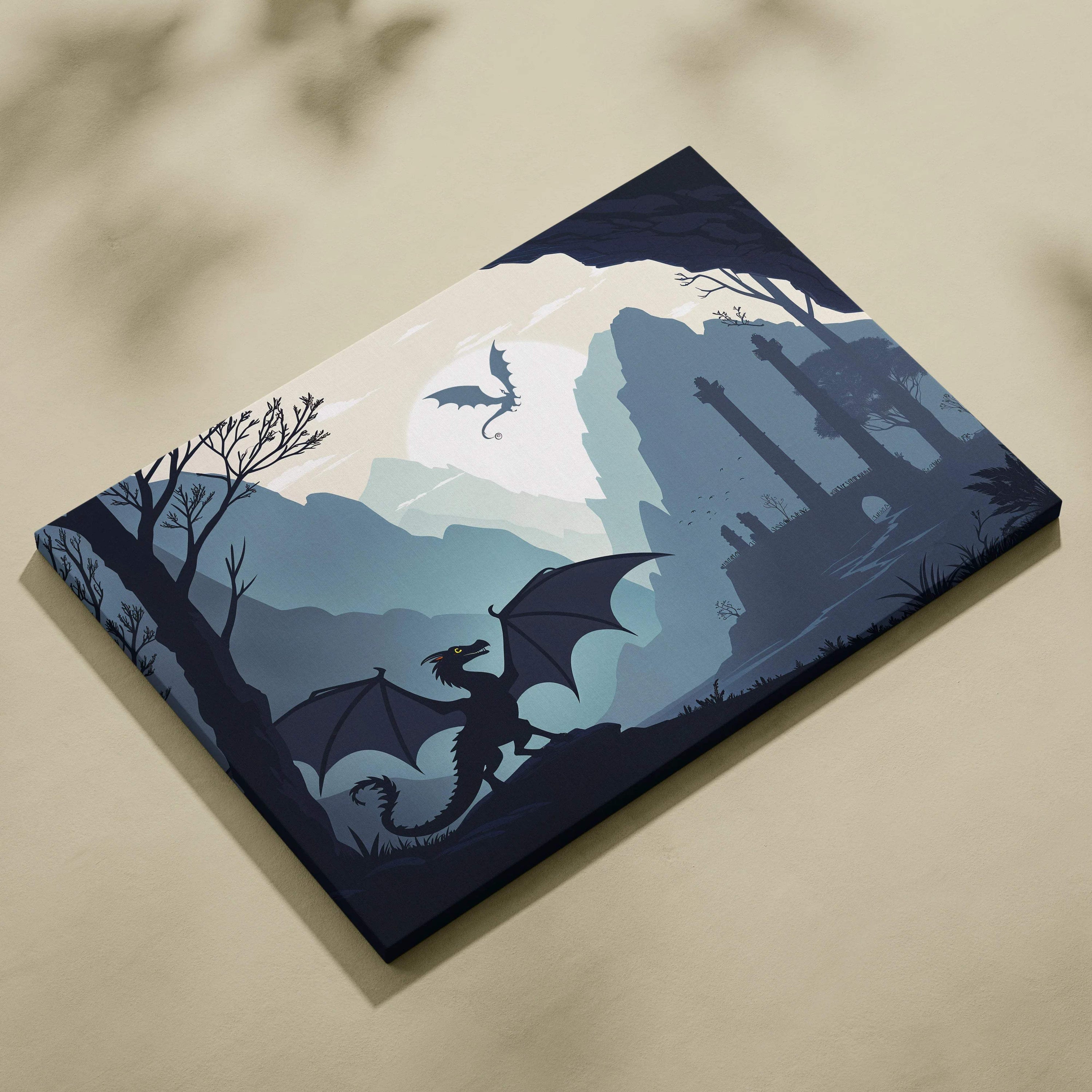 Blue-toned visionary fantasy moonlit ruins with dragons canvas wall art
