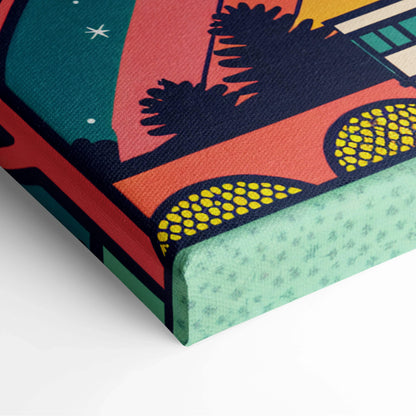 Vibrant pop-art camper van in red teal yellow with rainbow rings over neon city starry skies