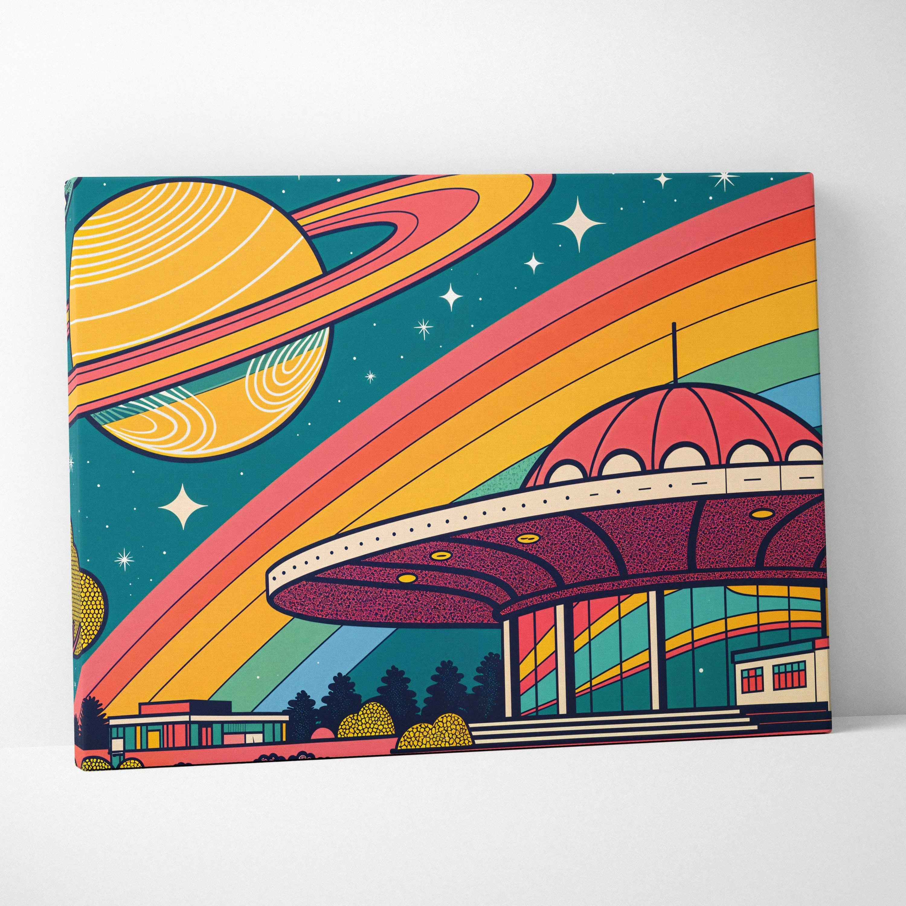 Vibrant retro-futuristic UFO landing on neon city under rainbow, Saturn, starry skies canvas print