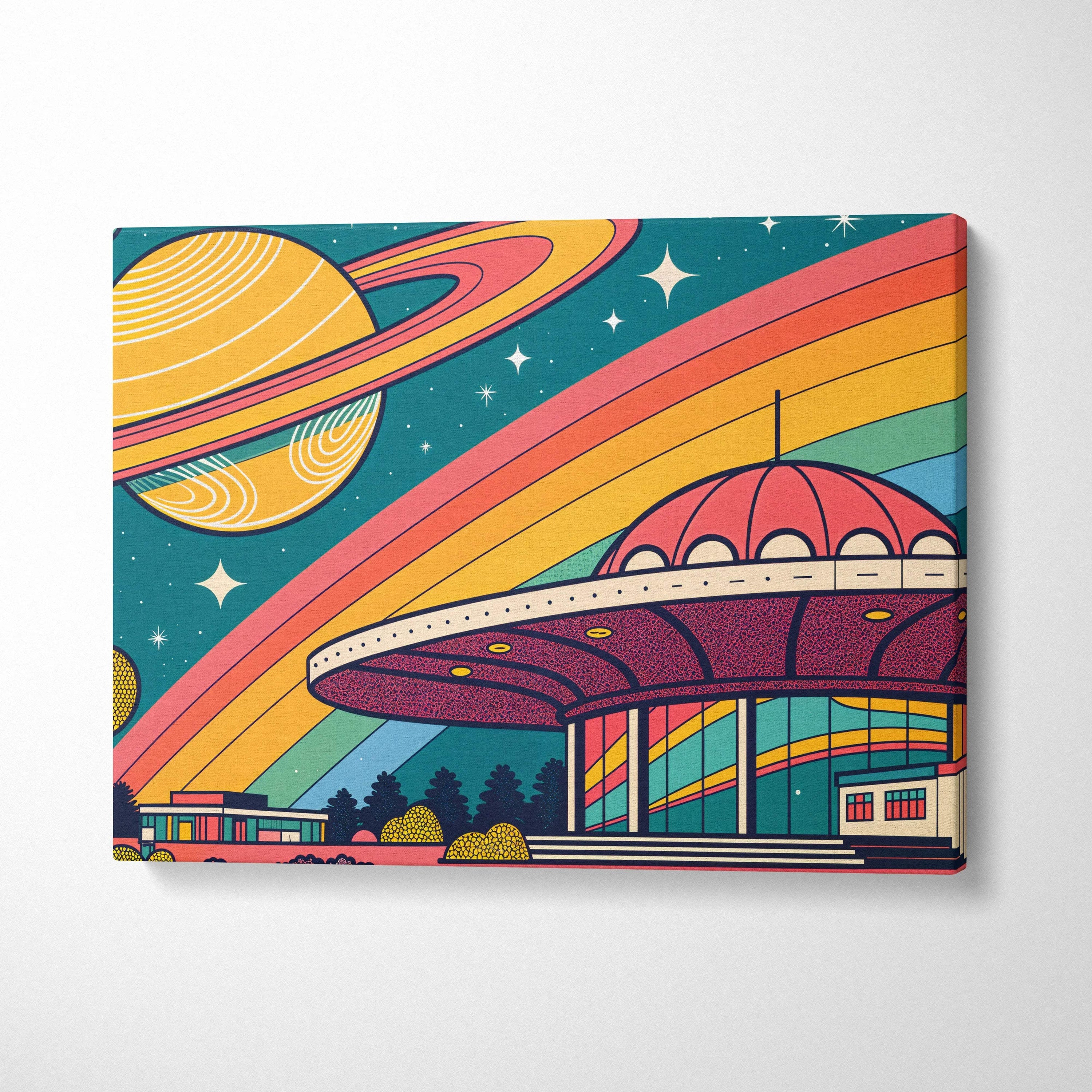 Vibrant retro-futuristic UFO building under rainbow arch with Saturn and stars canvas print