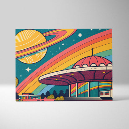 Vibrant retro UFO canvas print with rainbow rings over neon city starry skies