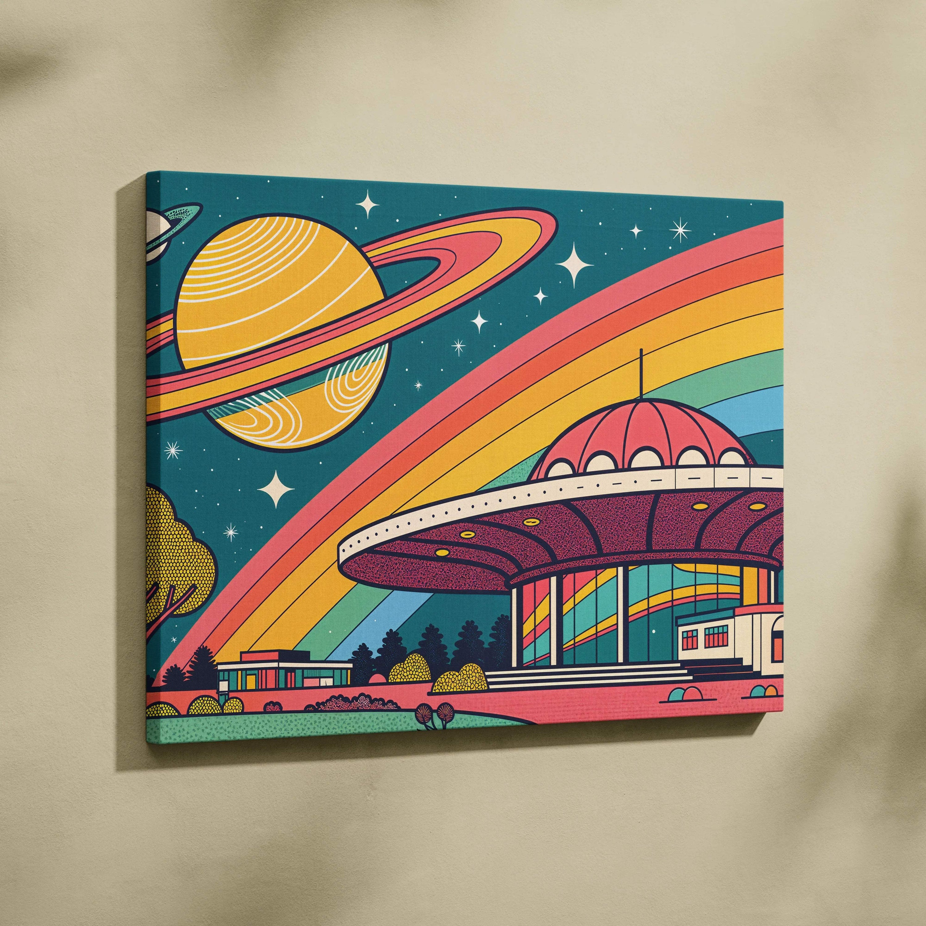 Vibrant retro UFO landing on Earth under rainbow, Saturn, neon city, stars canvas art