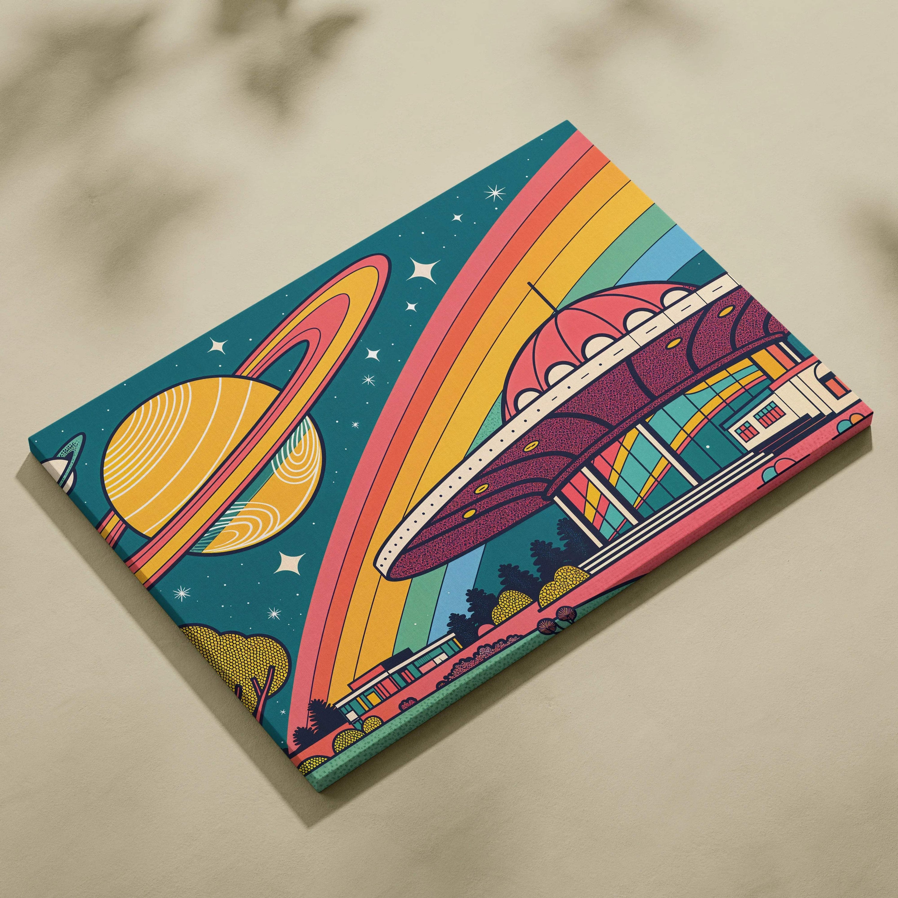 Retro futurism canvas art with rainbow Saturn UFO over neon city starry skies