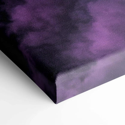 Purple black tie-dye canvas print of emerald aurora over glowing purple planet starry sky