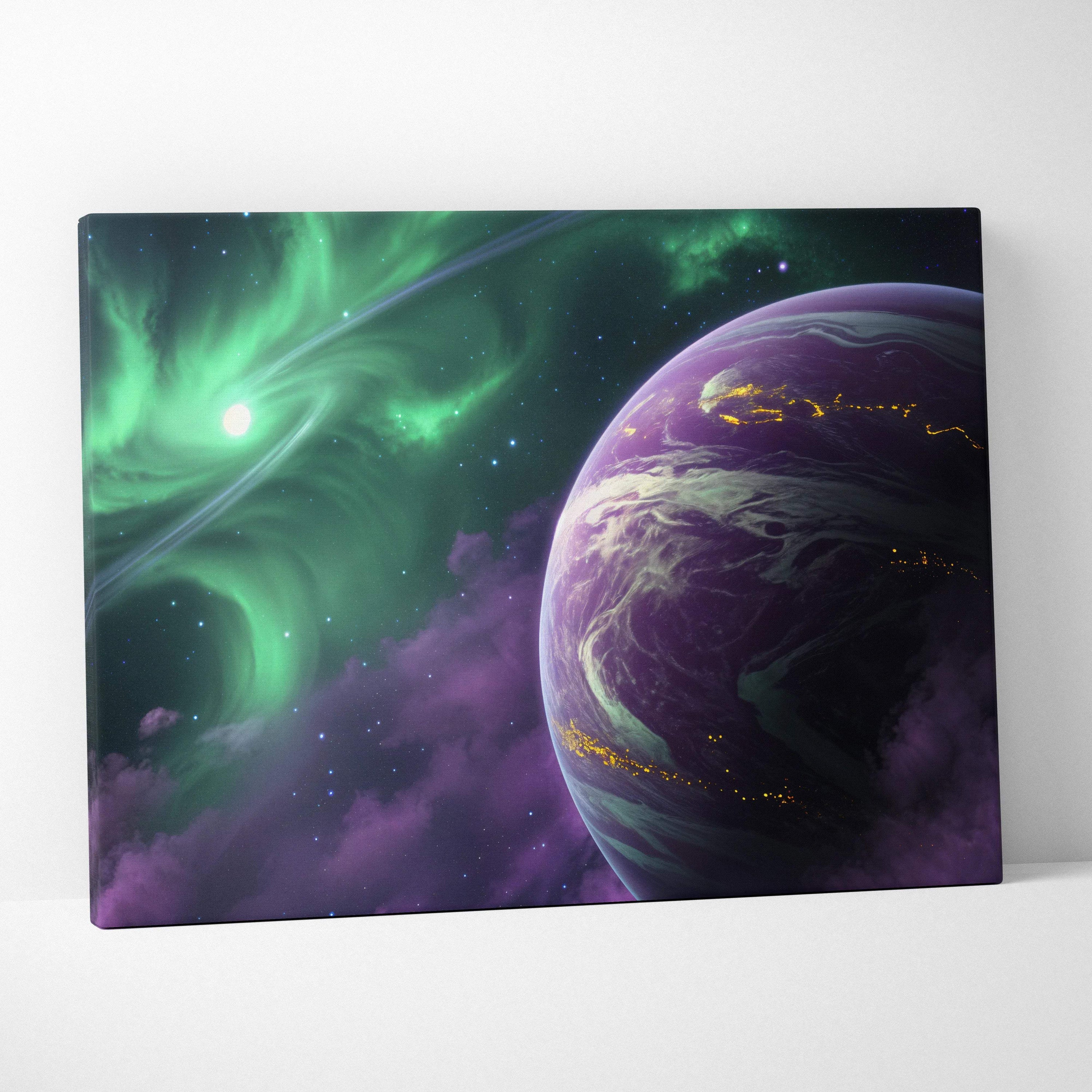 Visionary cosmic canvas art: emerald aurora over glowing purple planet, starry sky