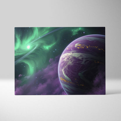 Visionary cosmic canvas: emerald aurora over glowing purple planet, starry sky