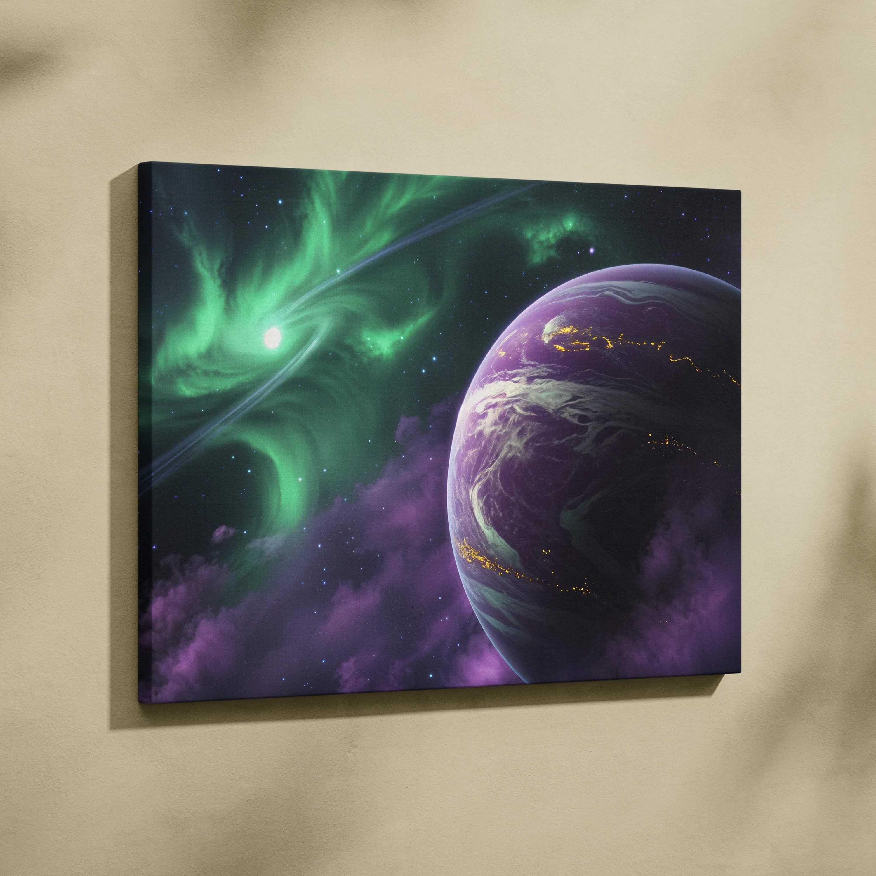 Visionary cosmic canvas: emerald aurora over glowing purple planet, starry sky