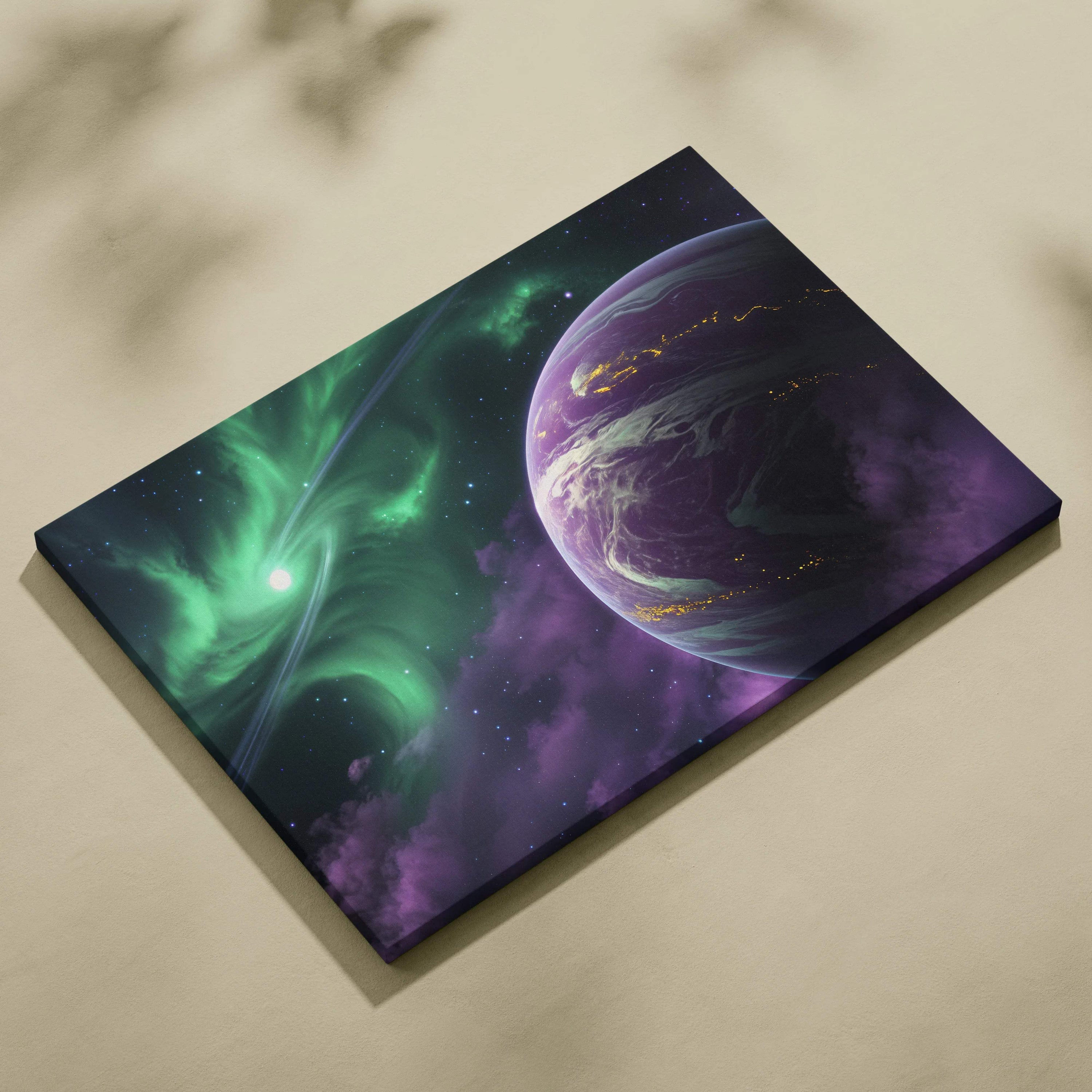 Vibrant purple planet with golden streaks, pastel clouds, aurora lights on canvas