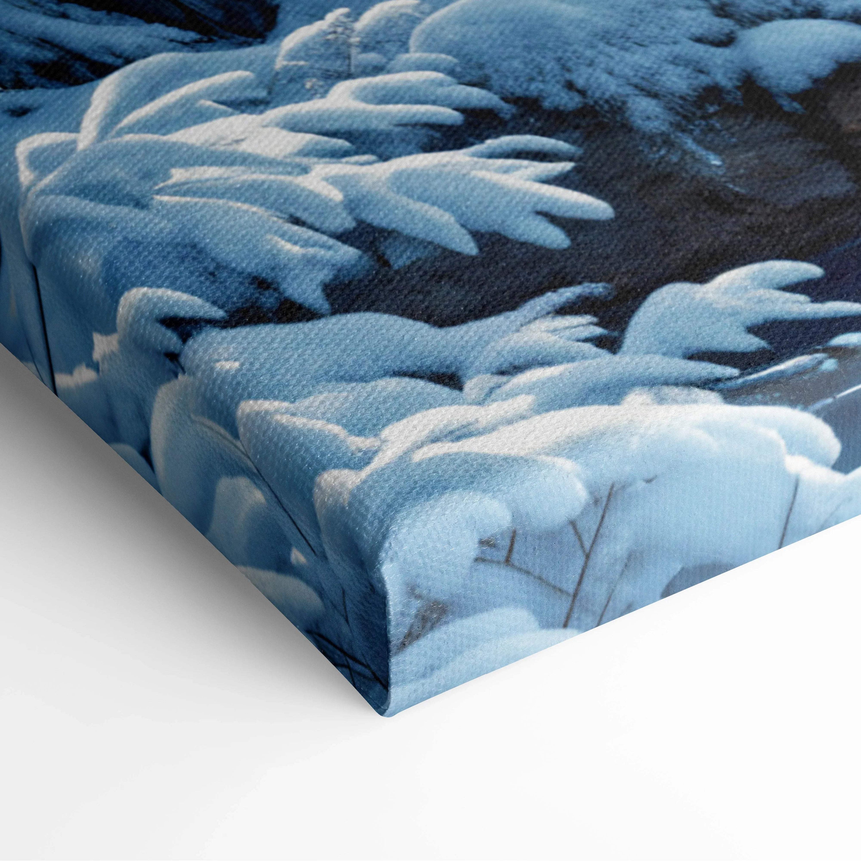 Elegant winter fairy tale mansion canvas wall art with snow-covered trees