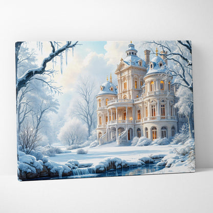 Snow-covered elegant winter fairy tale mansion with golden lights by icy stream