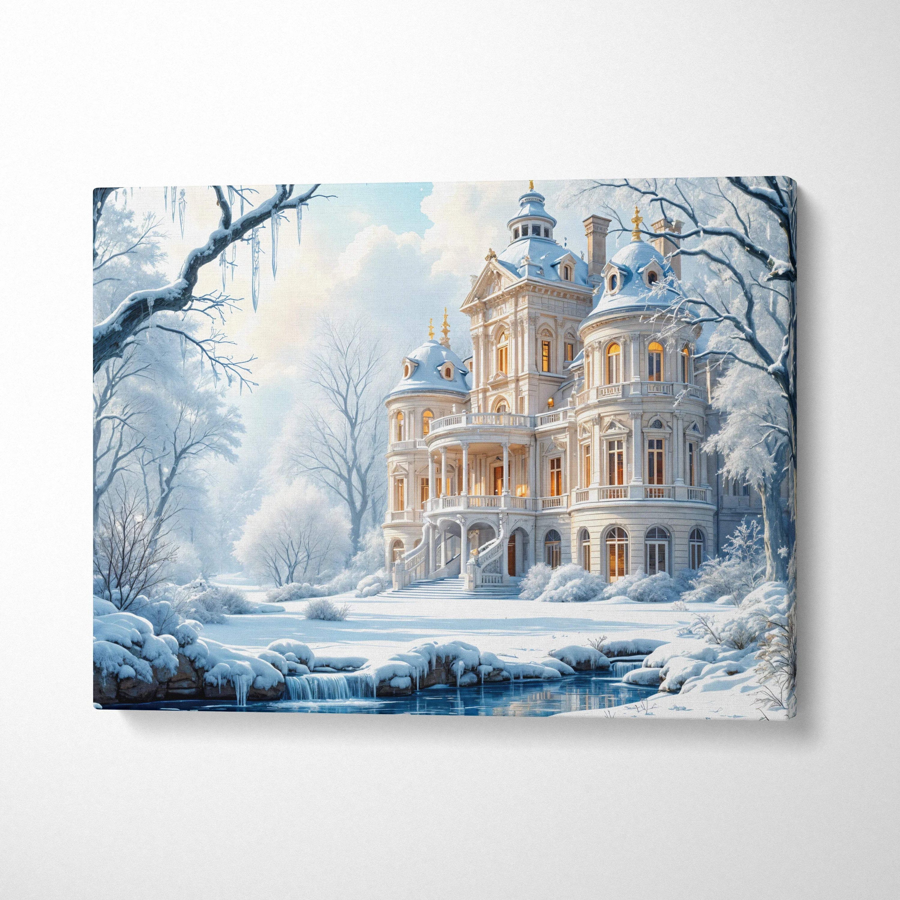 Snow-covered elegant winter mansion with golden domes, trees, lights, icy stream canvas print