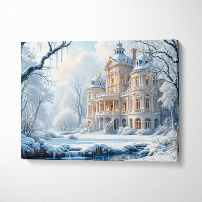 Snow-covered elegant winter mansion with golden domes, trees, lights, icy stream canvas print