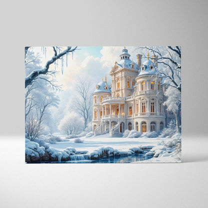 Snowy elegant winter fairy tale mansion canvas wall art