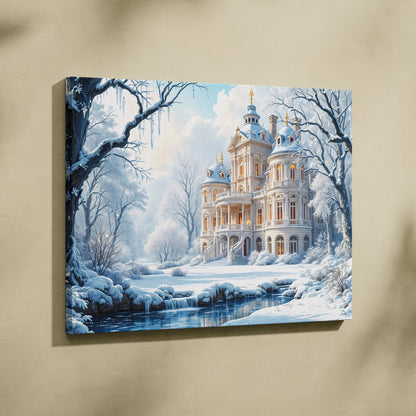 Snowy winter mansion canvas with turrets, golden lights, trees, icy stream