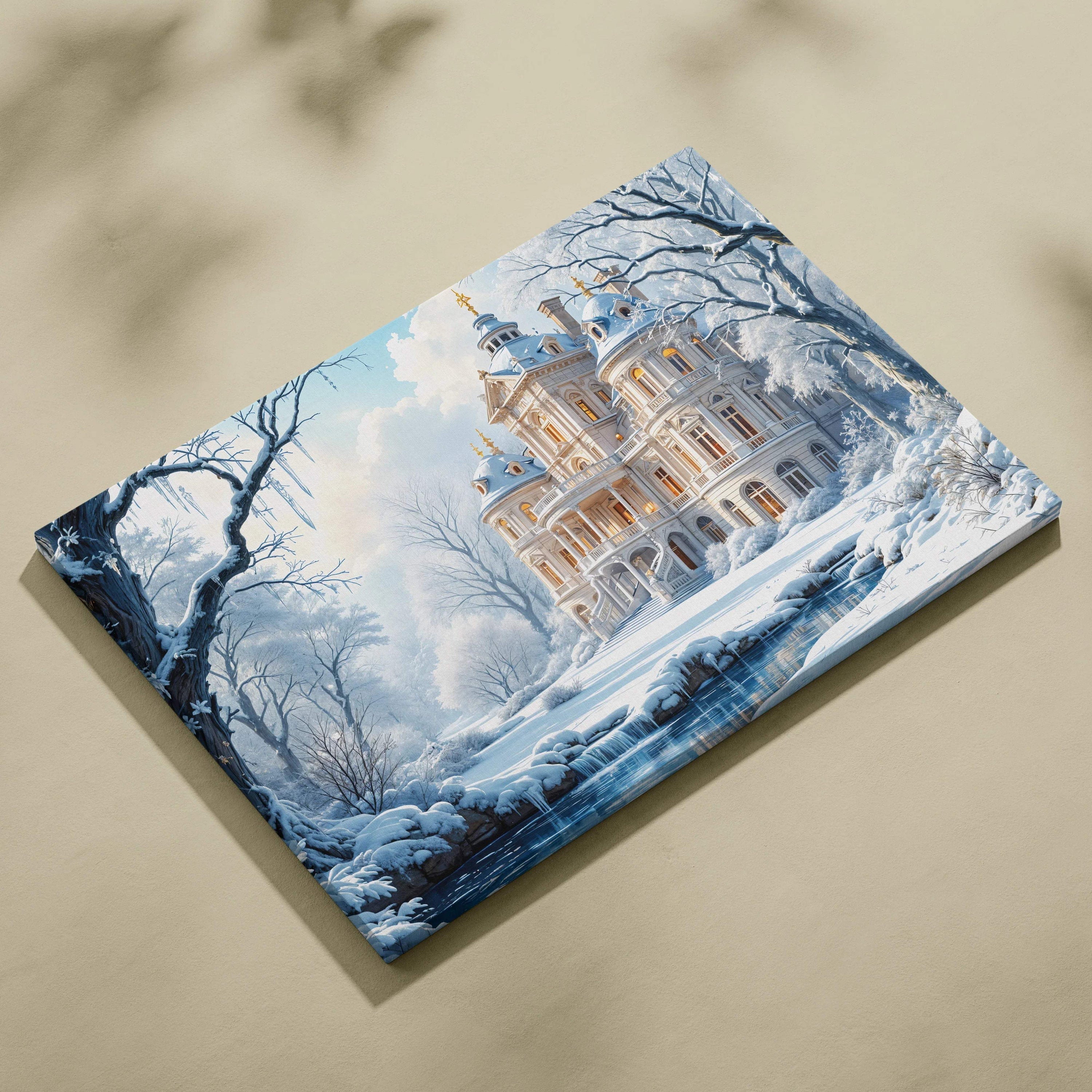 Snow-covered winter mansion canvas print with glowing windows and trees