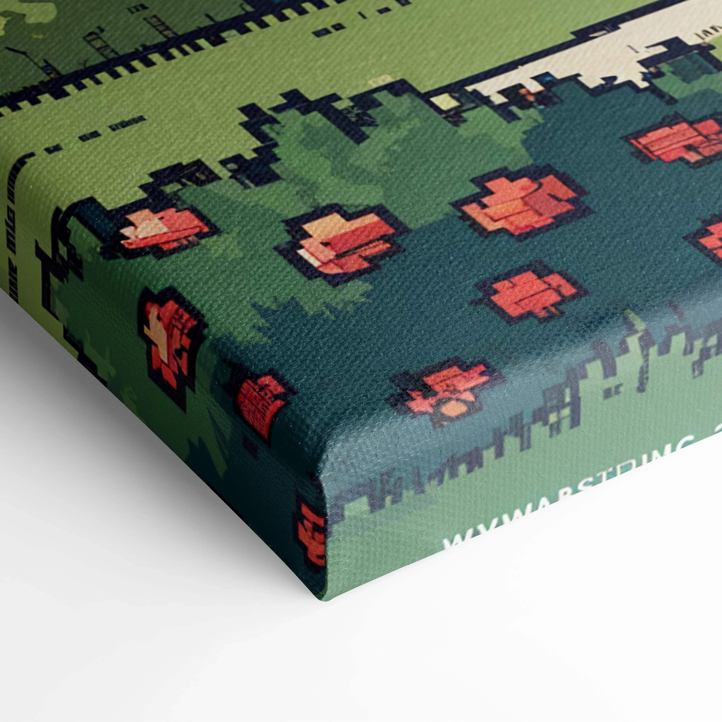 Pixel art canvas print of Warsteiner cozy cottage in green meadow with flowers